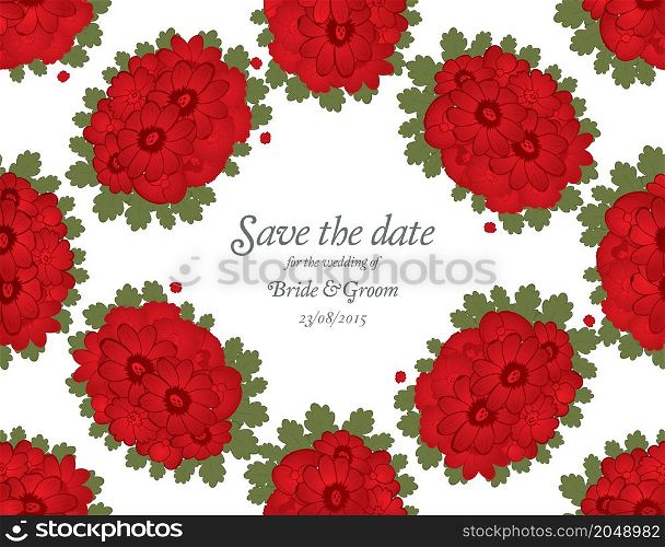 Save the date wedding invite card template with red flowers vector illustration