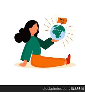 Save the Earth concept. Young girl holding little globe. Be conscious. Save the planet concept. Young girl holding globe