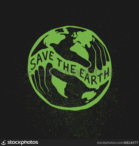 Save the Earth. Earth day concept. Logo design template. Human hands hold Earth planet. Green on black textured background