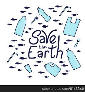 Save the Earth vector illustration. Plastic garbage bag, bottle in the ocean graphic design. Water waste problem creative concept. Eco problem banner with restrictive sign.. Save the Earth