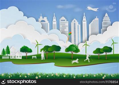 Save the environment and energy concept,Paper art design of landscape with eco green city,Child happy when playing kite with dog and family,vector illustration