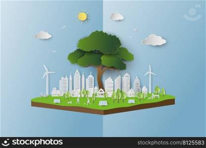 Save the environment conservation ecology concept,paper art clean city on isometric landscape,vector illustration