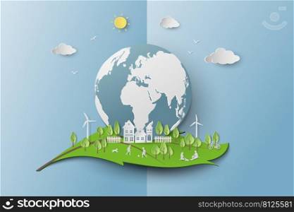 Save the environment conservation ecology concept,paper art landscape with clean city on leaf shape abstract background,vector illustration