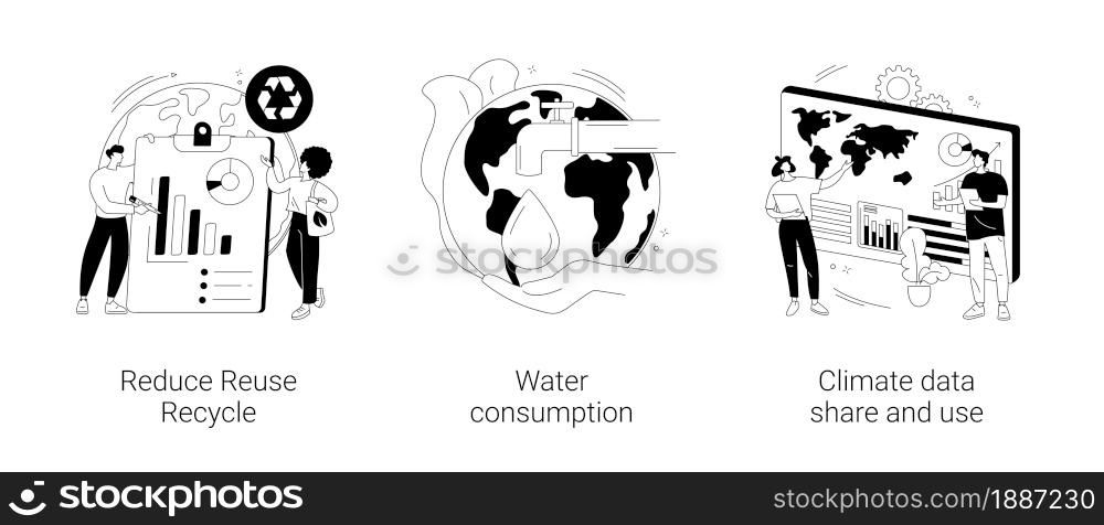 Save the planet abstract concept vector illustration set. Reduce Reuse Recycle, water consumption, climate data share and use, upcycling program, weather forecast, overconsumption abstract metaphor.. Save the planet abstract concept vector illustrations.