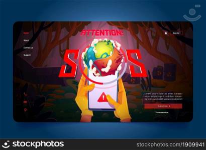 Save the planet cartoon landing page, smartphone in hands, app show sos sign near polluted pond and pipe emitting water with toxic liquid. Environment protection, eco conservation vector web banner. Save the planet cartoon landing page eco pollution