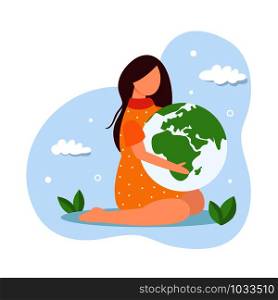 Save the planet concept. Young girl holding globe. Go green. Save the planet concept. Young girl holding globe