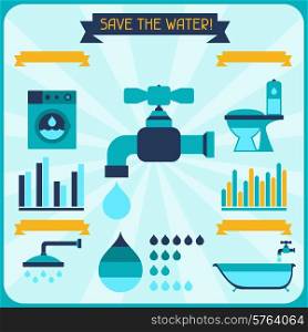 Save the water. Poster with infographics in flat style.