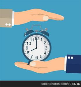 Save time concept. Businessman in hands is holding a watch, alarm clock. Controlling time. Successful strategy planning. Vector illustration in flat style. Save time concept.