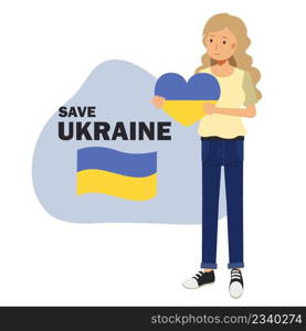 save Ukraine concept. The girl hold a heart with the colors of the flag of Ukraine. Support for Ukraine. No war. Ukraine in the heart.flat vector cartoon illustration.