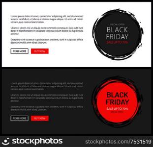 Save up to 70 percent on Black Friday price tag templates, big sale in November. Vector discount round badges with sketch frame on website pages, push buttons. Save Up to 70 Percent on Black Friday Price Tags