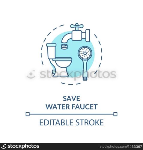Save water faucet turquoise concept icon. Household plumbing. Preserve resources. Efficient supply consumption idea thin line illustration. Vector isolated outline RGB color drawing. Editable stroke. Save water faucet turquoise concept icon