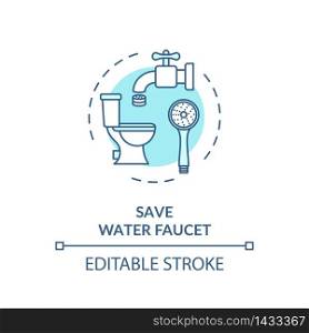 Save water faucet turquoise concept icon. Household plumbing. Preserve resources. Efficient supply consumption idea thin line illustration. Vector isolated outline RGB color drawing. Editable stroke. Save water faucet turquoise concept icon