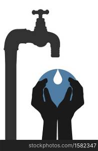 Save water. Hands protecting the tap drop. Flat vector.