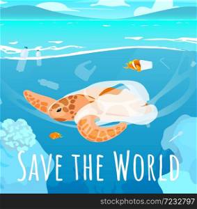 Save world social media post mockup. Stop plastic pollution. Advertising web banner design template. Social media booster, content layout. Promotion poster, print ads with flat illustrations. Save world social media post mockup