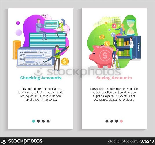Saving account vector, check with signature of holder, piggy and strongbox with cash and banknotes dollars and coins money investment set. Website or slider app, landing page flat style. Checking Account and Saving Money Deposit Vector