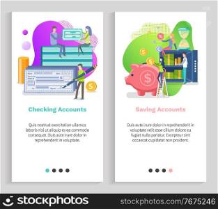 Saving account vector, check with signature of holder, piggy and strongbox with cash and banknotes dollars and coins money investment set. Website or slider app, landing page flat style. Checking Account and Saving Money Deposit Vector