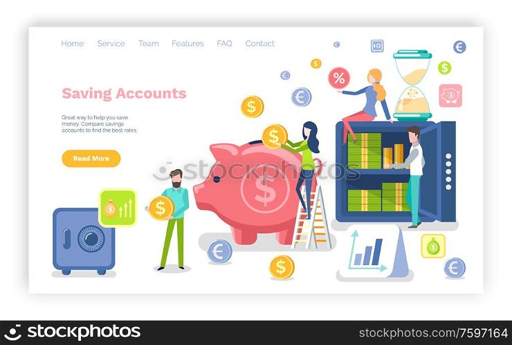 Saving accounts vector, pig and money, investment and profit gaining benefits. Infographics and strongbox with financial assets people set. Website or webpage template, landing page flat style. Saving Accounts People with Money Dollars Coins