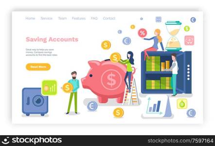 Saving accounts vector, pig and money, investment and profit gaining benefits. Infographics and strongbox with financial assets people set. Website or webpage template, landing page flat style. Saving Accounts People with Money Dollars Coins