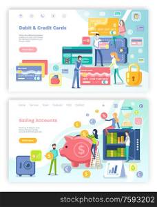Saving accounts vector, pig with money dollar, people with finance assets in safety. Lock and people using banking system, banknotes set. Website or webpage template, landing page flat style. Debit and Credit Card, Saving Accounts Web Set
