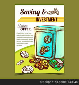 Saving And Investment Advertising Banner Vector. Money Banknotes, Coins And Metallic Safe Finance Protection And Saving. Safety And Security Storage Hand Drawn In Vintage Style Color Illustration. Saving And Investment Advertising Banner Vector