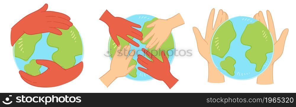 Saving and protecting mother earth, isolated globe with hands of diverse people. Sustainability and development of environmentally friendly means of existence. Vector in flat style illustration. Diverse people protecting mother earth ecology