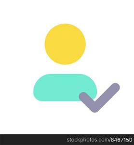 Saving changed information of contact flat color ui icon. Approved profile. Address book. Check mark. Simple filled element for mobile app. Colorful solid pictogram. Vector isolated RGB illustration. Saving changed information of contact flat color ui icon