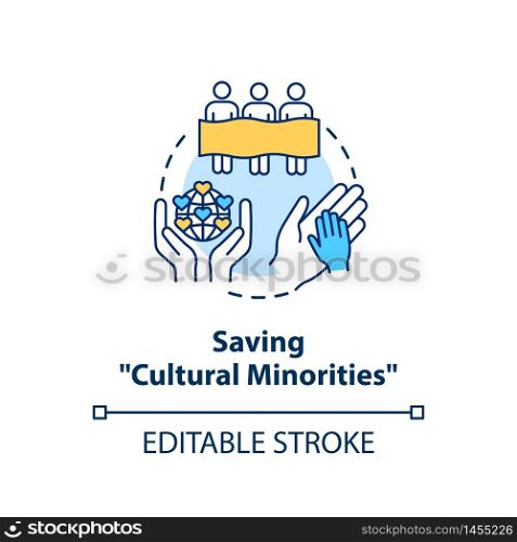Saving cultural minorities concept icon. Multi ethnic society. Stop racial discrimination. Cultural diversity idea thin line illustration. Vector isolated outline RGB color drawing. Editable stroke. Saving cultural minorities concept icon