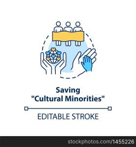 Saving cultural minorities concept icon. Multi ethnic society. Stop racial discrimination. Cultural diversity idea thin line illustration. Vector isolated outline RGB color drawing. Editable stroke. Saving cultural minorities concept icon