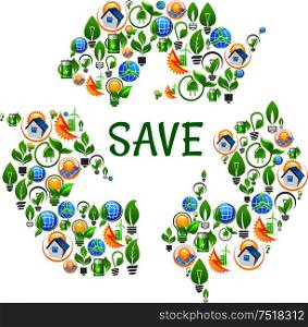 Saving energy and renewable resources icons arranged into recycling symbol with solar panels and wind turbines, light bulbs, globes and batteries with plants and suns, eco friendly houses and cities. Recycling symbol created of saving energy icons
