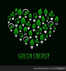 Saving energy ecological concept icon with symbol of heart made up of light bulbs with green plants. Use as think green concept or t-shirt print design. Saving energy symbol with heart and light bulbs