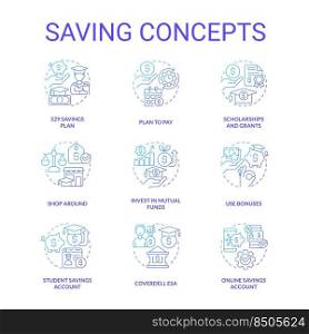 Saving for education blue gradient concept icons set. Student financial funds. Collage payments idea thin line color illustrations. Isolated symbols. Roboto-Medium, Myriad Pro-Bold fonts used. Saving for education blue gradient concept icons set