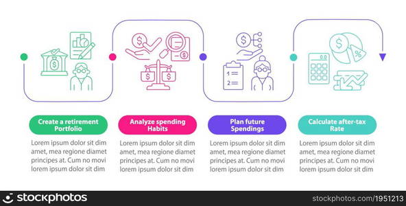 Saving for pension vector infographic template. Plan future exposes presentation outline design elements. Data visualization with 4 steps. Process timeline info chart. Workflow layout with line icons. Saving for pension vector infographic template