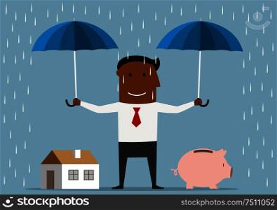 Saving money and investment concept. Friendly smiling african american businessman standing under the rain with open umbrellas and protecting house and piggy bank. Businessman protecting house and piggy bank