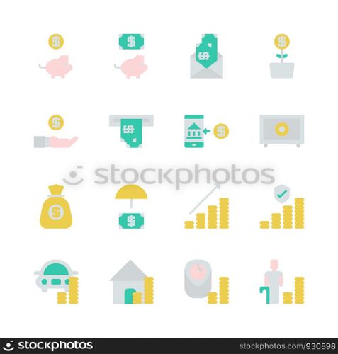 Saving money and investment in flat icon set.Vector illustration