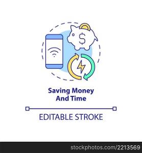 Saving money and time concept icon. Smart technologies pros abstract idea thin line illustration. Reduce electric costs. Isolated outline drawing. Editable stroke. Arial, Myriad Pro-Bold fonts used. Saving money and time concept icon