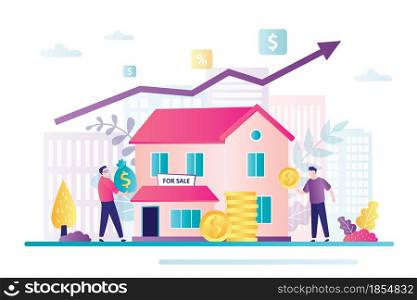 Saving money concept. Business people or investment fund invests in real estate. Buying property, capital increase. Rental income, house loan, mortgage debt. Growing profit chart. Vector illustration. Saving money concept. Business people or investment fund invests in real estate. Buying property, capital increase.
