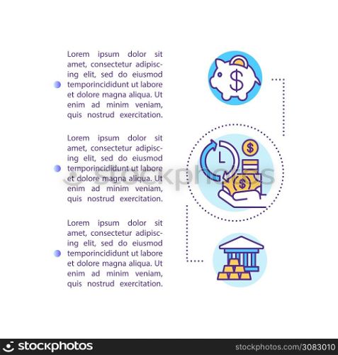 Saving money concept icon with text. Piggy bank, investment, credit banking transaction. PPT page vector template. Brochure, magazine, booklet design element with linear illustrations. Saving money concept icon with text