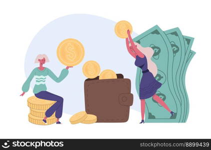Saving money financial concept. Female characters putting coins into purse. Women with earnings or income in wallet. Dollar banknotes budget. Personal financial management. Salary in cash vector. Saving money financial concept. Female characters putting coins into purse. Women with earnings or income in wallet