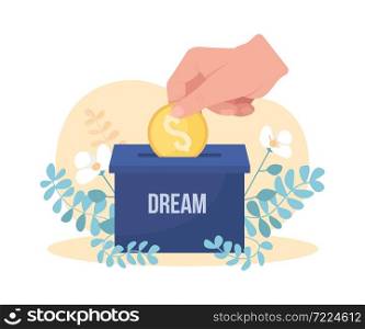 Saving money for dream 2D vector isolated illustration. Give coin to box. Help non profit fund. Monetary donation to charity flat scene on cartoon background. Generous contribution colourful scene. Saving money for dream 2D vector isolated illustration