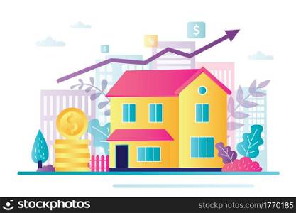 Saving money for real estate investing. Investment concept. Buying a property, capital increase. Rental income, house loan, mortgage debt. Growing profit chart. Flat vector illustration. Saving money for real estate investing. Investment concept. Buying a property, capital increase. Rental income, house loan