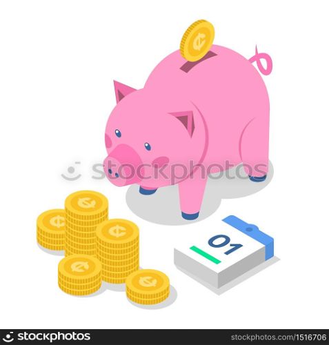 Saving money isometric color vector illustration. Bank deposit. Banking. Coins and piggy bank. Economy. Accounting and audit. Investment. Salary payment. 3d concept isolated on white background