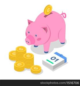 Saving money isometric color vector illustration. Bank deposit. Banking. Coins and piggy bank. Economy. Accounting and audit. Investment. Salary payment. 3d concept isolated on white background