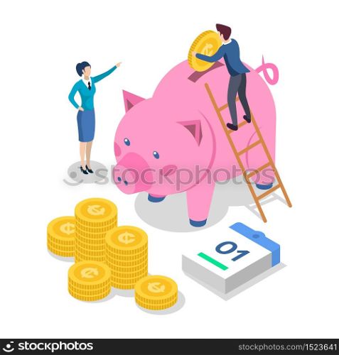 Saving money isometric color vector illustration. Bank deposit. Banking. People putting coins into piggy bank. Economy. Accounting and audit. 3d concept isolated on white background