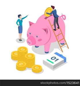 Saving money isometric color vector illustration. Bank deposit. Banking. People putting coins into piggy bank. Economy. Accounting and audit. 3d concept isolated on white background