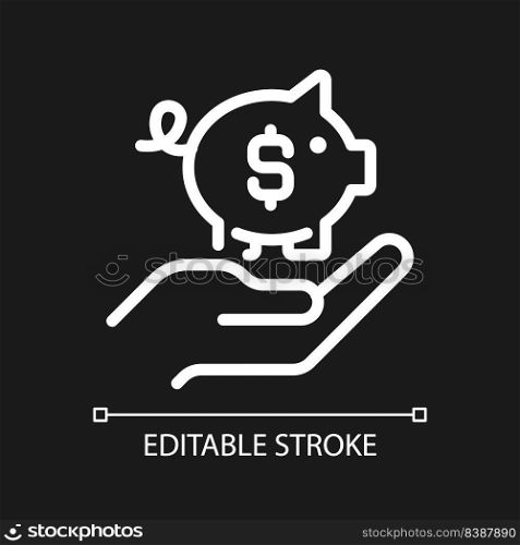 Saving money pixel perfect white linear icon for dark theme. Manage budget. Emergency fund. Retirement account. Thin line illustration. Isolated symbol for night mode. Editable stroke. Arial font used. Saving money pixel perfect white linear icon for dark theme