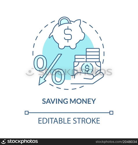 Saving money turquoise blue concept icon. Earnings and deposit abstract idea thin line illustration. Isolated outline drawing. Editable stroke. Roboto-Medium, Myriad Pro-Bold fonts used. Saving money turquoise blue concept icon