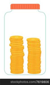 Saving of money vector, isolated jar with cap and finances. Financial assets investment banking deposit. Profit preservation flat style dollar coins. Gold Dollar Coins Placed in Jar with Cap Vector