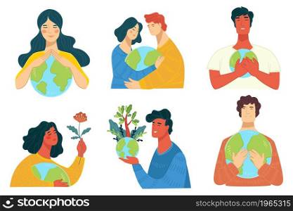Saving planet earth from pollution and environmental catastrophe, people caring and cuddling globe with flowers and blooming botany design. Ecology activism. Vector in flat style illustration. Preservation of nature and saving planet earth