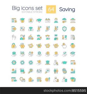 Saving RGB color icons set. Financial funds. Money management. Smart investment. Isolated vector illustrations. Simple filled line drawings collection. Editable stroke. Quicksand-Light font used. Saving RGB color icons set