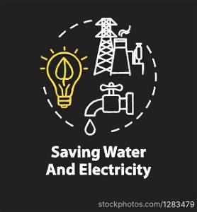 Saving water and electricity chalk RGB color concept icon. Responsible resource consumption. Efficient usage. Ecology idea. Vector isolated chalkboard illustration on black background